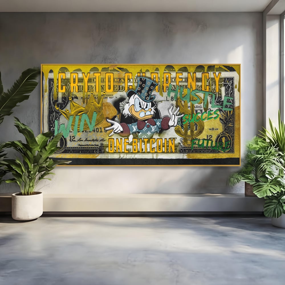 Tablou canvas cu tablou canvas cu donald duck si bitcoin, in rama de aluminiu auriu